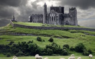story-castle-ruins-and-field-with-sheep-stock-photo